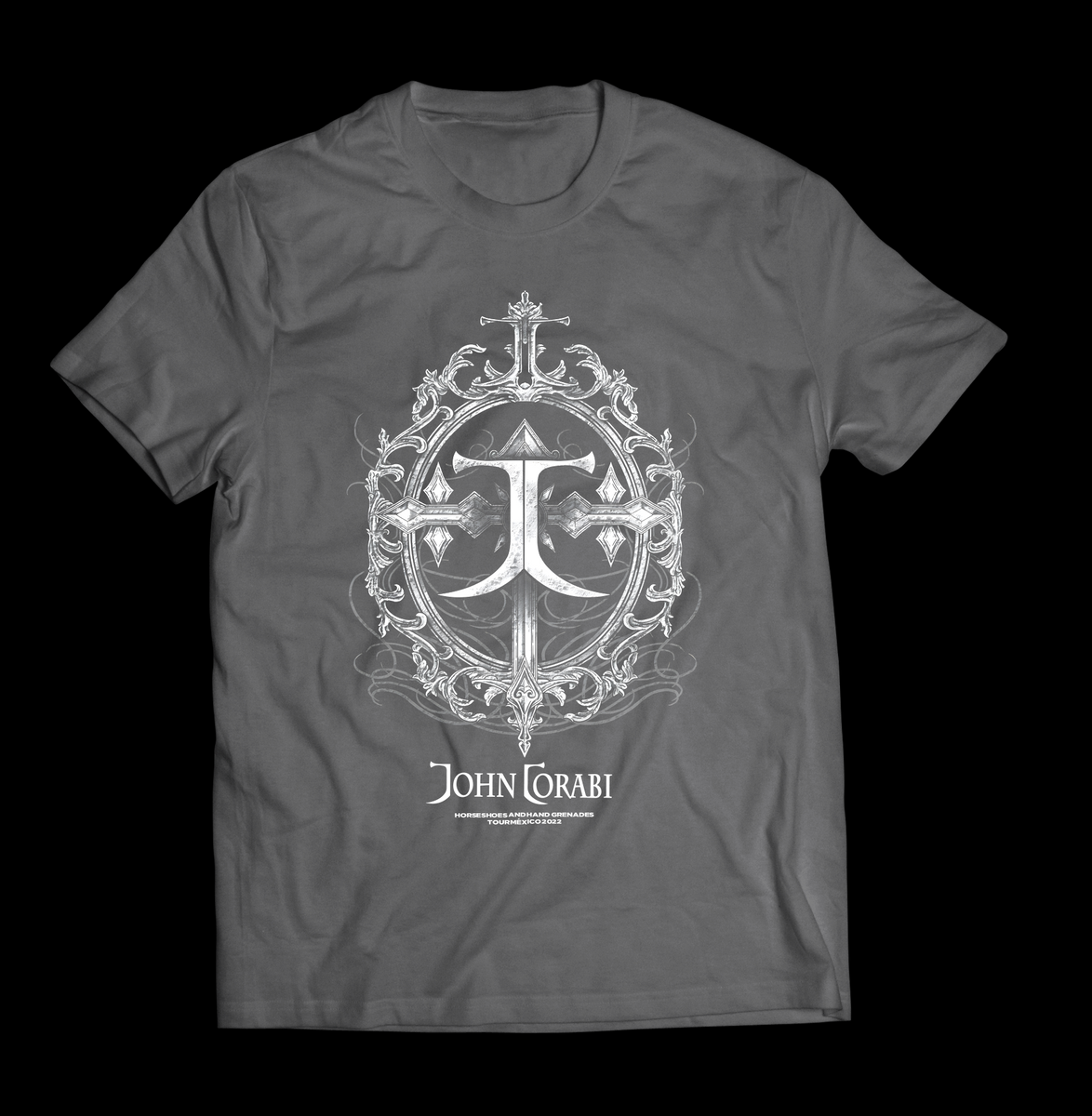Playera John Corabi 2022 Logo Gris Horseshoes and Hand Grenades